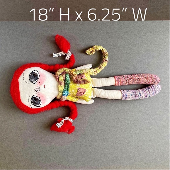 Red Haired Hand-Embroidered Fabric Art Doll - Picture 7 of 7